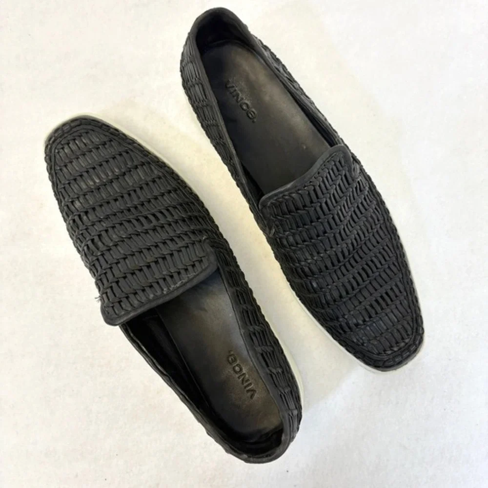 VINCE Stafford Platform Black Woven Leather Slip On Sneakers Womens Size 10 / 40